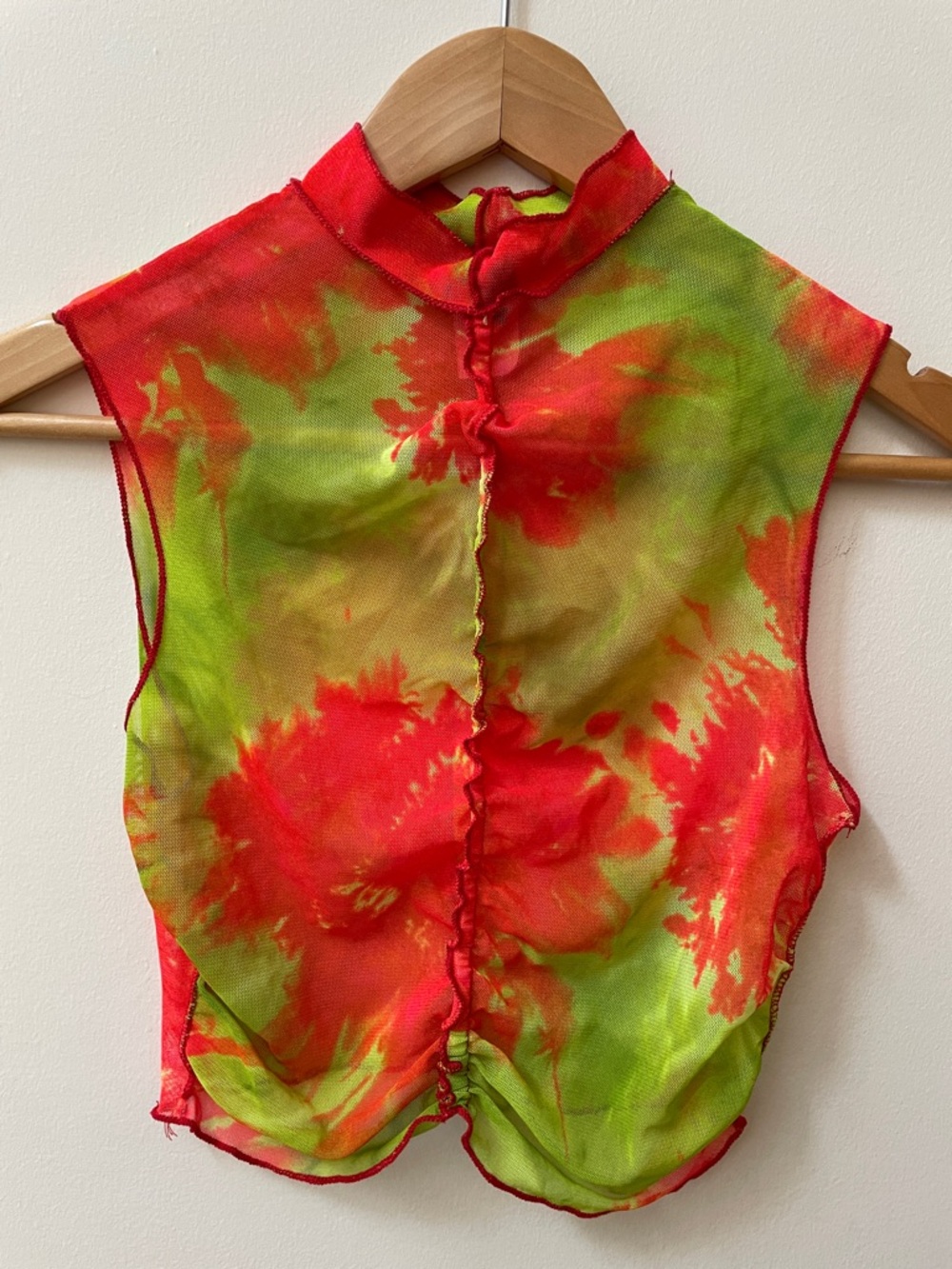 90s Y2K vintage Tie-Dye Red & Green Sleeveless Mock Neck Mesh Top